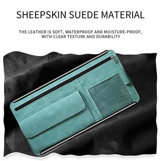 Black Faux Suede Car Sun Visor Organizer with Spring Strap - Multi-Functional Eyewear Case & Card Holder