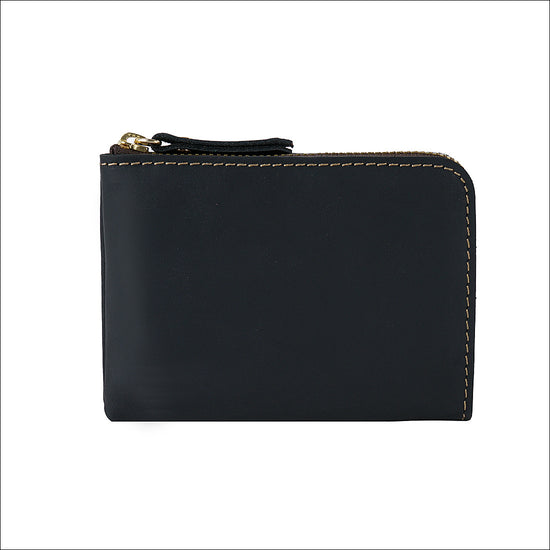 Black Handmade Crazy Horse Leather Wallet Minimalist L-Zip Card Holder Top Layer Cowhide Short Purse with Coin Pocket 12cm Vintage Style