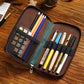 Brown Genuine Crazy Horse Leather Fountain Pen Case Zippered Organiser Pouch with 5 Elastic Loops & Mesh Pocket Vintage Stationery Holder