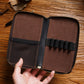 Coffee Genuine Crazy Horse Leather Fountain Pen Case Zippered Organiser Pouch with 5 Elastic Loops & Mesh Pocket Vintage Stationery Holder