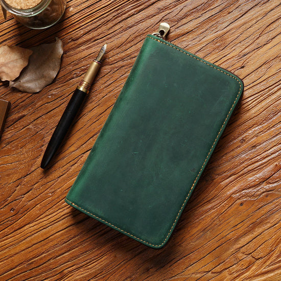 Green Genuine Crazy Horse Leather Fountain Pen Case Zippered Organiser Pouch with 5 Elastic Loops & Mesh Pocket Vintage Stationery Holder