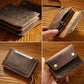 Coffee Handmade Crazy Horse Leather Wallet Vintage Coin Purse Zipper Card Holder with Strap Snap Closure Top Layer Cowhide 12cm