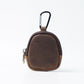 Coffee Genuine Crazy Horse Leather Mini Coin Purse Zipper Shell Pouch Small Earphone Case Key Holder with Carabiner Clip 8.5cm for Travel