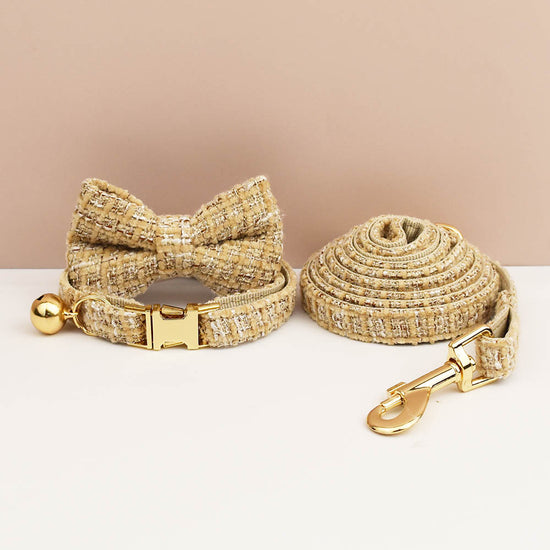 L Khaki Elegant Tweed Pet Collar and Leash Set - Adjustable Cat and Small Dog Collar with Removable Bow Tie and Gold Bell