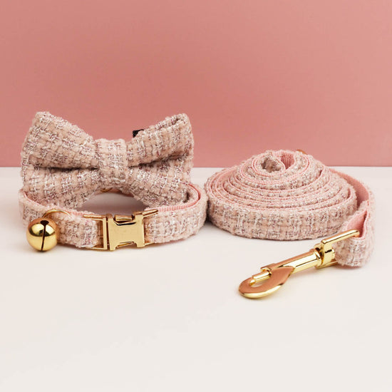S Pink Elegant Tweed Pet Collar and Leash Set - Adjustable Cat and Small Dog Collar with Removable Bow Tie and Gold Bell