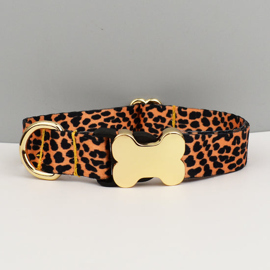M Leopard Print Patterned Dog Collar with Gold Metal Bone Buckle Adjustable Tribal & Leopard Print Neck Strap for Puppies & Dogs