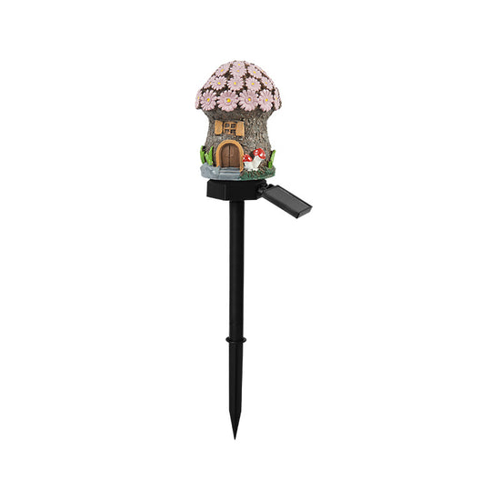 Pink House Solar Powered Mushroom House Garden Stake Lights - Outdoor Waterproof Resin Landscape Decorative Lamps with Warm LED Glow for Patio, Lawn, and Yard