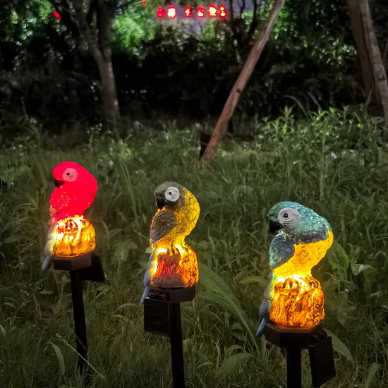 Three Color Solar Powered Parrot Garden Stake Lights - Hand-Painted Waterproof Resin LED Landscape Lamps for Outdoor Patio, Lawn, and Yard Decoration