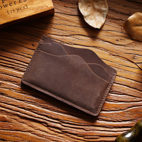 Coffee Minimalist Slim Crazy Horse Leather Card Holder - Vintage Handcrafted Top Grain Cowhide Wallet and ID Case for Men