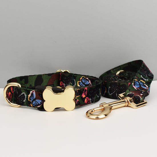 L Butterfly Boho Patterned Dog Collar with Gold Metal Bone Buckle Adjustable Tribal & Leopard Print Neck Strap for Puppies & Dogs