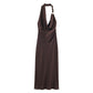 S Elegant Halter Neck Satin Midi Dress - Sexy Asymmetric Draped Evening Gown with Metal Hardware Accent for Women