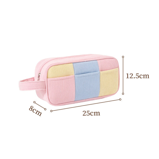 Pink Trendy Color-Block Corduroy Makeup Bag - Large Capacity Travel Cosmetic Organizer with Easy-Access Wide Opening and Portable Handle