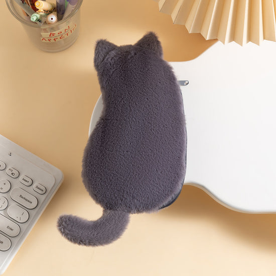 Grey 3-Pack Adorable Plush Cat Pencil Case Set - Large Capacity Kawaii Kitty Shape Stationery Pouch for School, Office and Students
