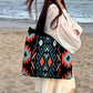 Black Bohemian Tribal Print Knit Tote Bag | Large Capacity Woven Style Handbag | Fashion Ethnic Shoulder Carryall