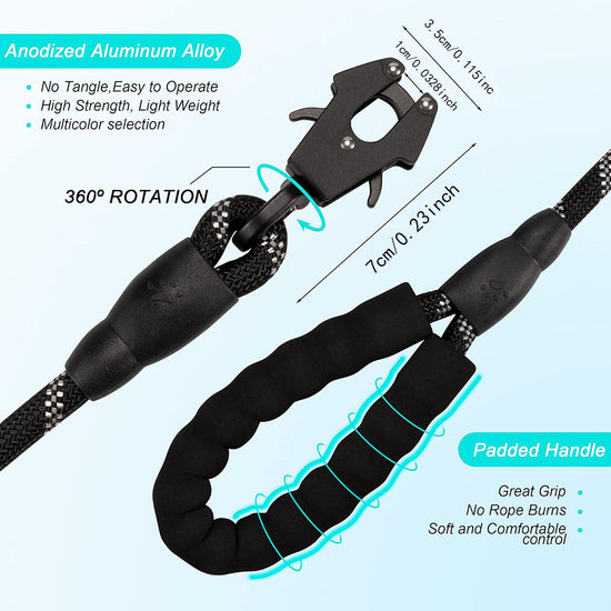 Black High Strength Nylon Rope Dog Leash | 1.5M Heavy Duty Lead with Anodized Frog Clip | Padded Comfort Handle for Training