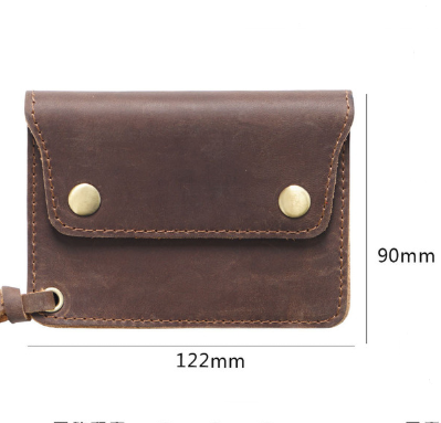 Blue Handmade Crazy Horse Leather Wallet Vintage Coin Purse Zipper Card Holder with Strap Snap Closure Top Layer Cowhide 12cm