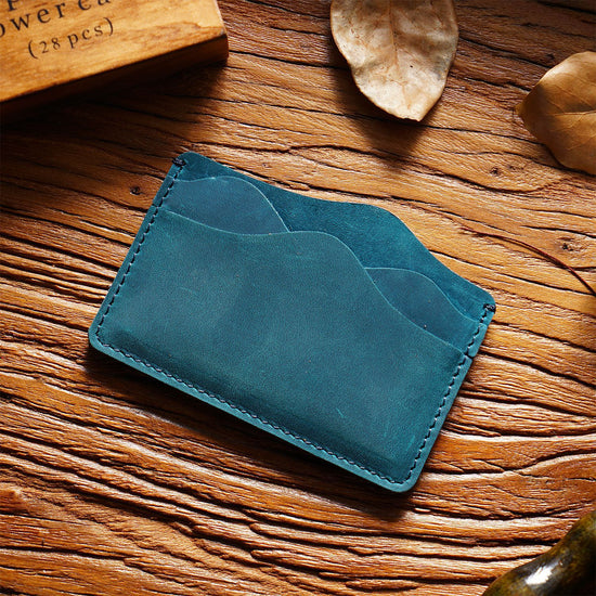 Blue Minimalist Slim Crazy Horse Leather Card Holder - Vintage Handcrafted Top Grain Cowhide Wallet and ID Case for Men