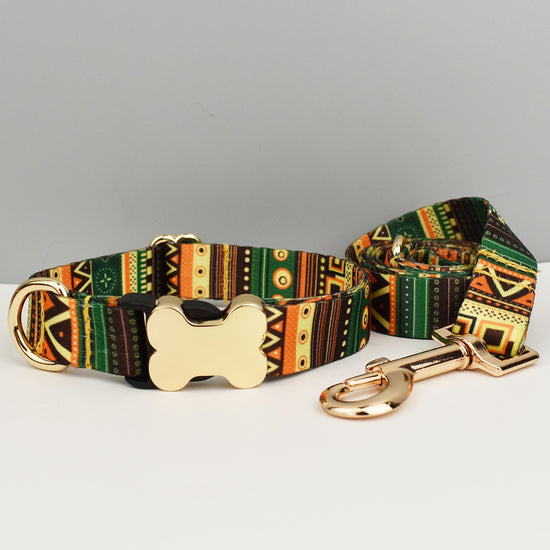 S Green-yellow Boho Patterned Dog Collar with Gold Metal Bone Buckle Adjustable Tribal & Leopard Print Neck Strap for Puppies & Dogs