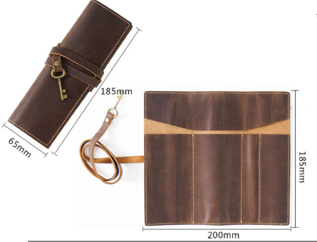 Blue Genuine Crazy Horse Leather Pencil Roll Case Vintage Pen Wrap Stationery Organiser Pouch with Strap & Charm 4 Slots for Artists