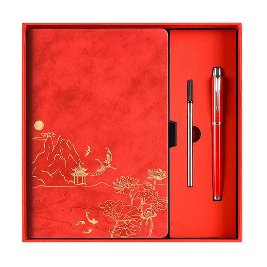 Red A5 Premium Notebook Gift Set with Pen - Red PU Leather Journal with Gold Oriental Art - 200 Pages Business Diary & Corporate Gift Box (Lotus & Crane Design)