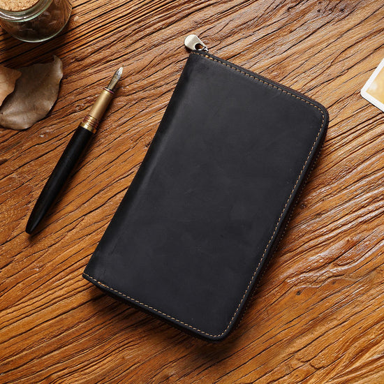 Black Genuine Crazy Horse Leather Fountain Pen Case Zippered Organiser Vintage Stationery Holder
