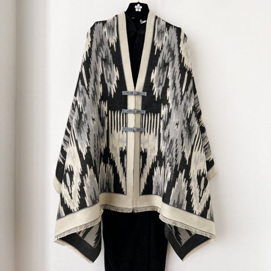 Black New Style Buttoned Shawl – Double-Sided Winter Scarf with Ethnic Pattern, Faux Cashmere Feel for Travel and Fashion