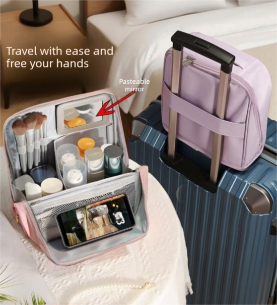 Beige Magnetic Compartmentalized Standing Cosmetic Bag – Large Capacity with Mirror, Travel Makeup Organizer (26×10×26 cm)