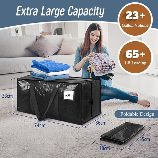 1 Pack Extra Heavy Duty Large Moving Bags with Strong Zipper & Comfortable Handles, Sturdy & Durable Clothes Storage Bags Totes Bins,  Packing Moving Boxes for Clothes, Bedding, Dorm & Travel, Black