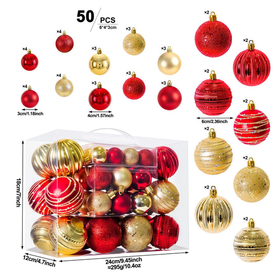 Red and Gold 50-Piece Assorted Christmas Bauble Set – Shatterproof Ornaments with Mixed Finishes for Holiday Tree Decor