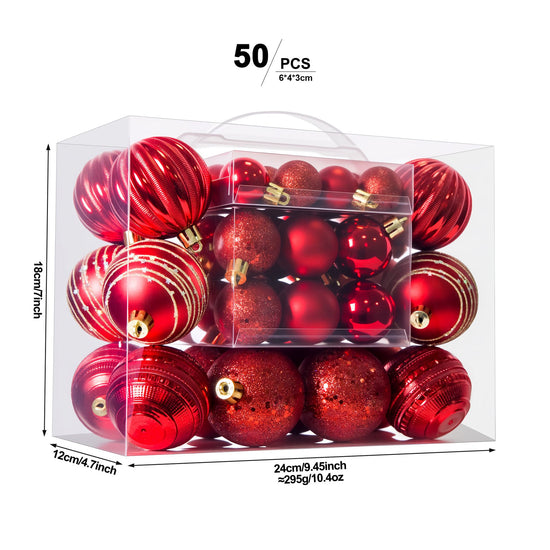 Red 50-Piece Assorted Christmas Bauble Set – Shatterproof Ornaments with Mixed Finishes for Holiday Tree Decor
