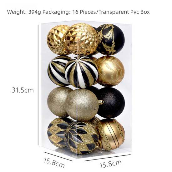 Black and Gold Color Scheme 16-Piece Luxury Christmas Bauble Set – Assorted Glitter & Patterned PVC Ornaments for Holiday Tree Decor