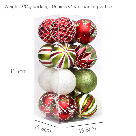 Red and Green Color Scheme 16-Piece Luxury Christmas Bauble Set – Assorted Glitter & Patterned PVC Ornaments for Holiday Tree Decor