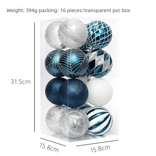 Blue and White Color Scheme 16-Piece Luxury Christmas Bauble Set – Assorted Glitter & Patterned PVC Ornaments for Holiday Tree Decor