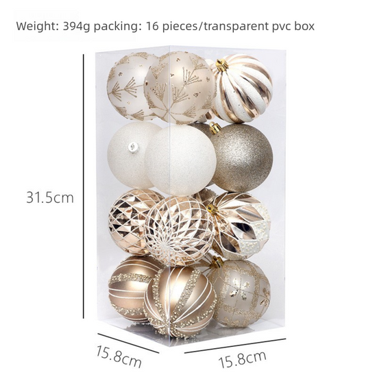 Champagne Gold Color Scheme 16-Piece Luxury Christmas Bauble Set – Assorted Glitter & Patterned PVC Ornaments for Holiday Tree Decor