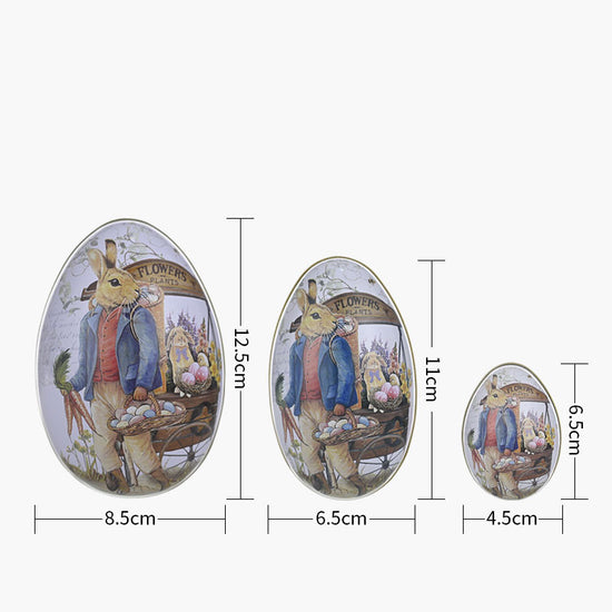 Easter Decorative Tin Egg Set of 3 Sizes with Vintage Rabbit Artwork for Home Display and Gift Giving(Style D)
