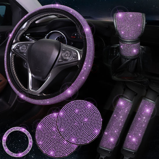 Light purple 7-Piece Car Interior Decoration Set – Crystal Rhinestone Steering Wheel Cover, Gear Shift Cover, Seat Belt Pads, Cup Coasters & Ignition Switch Cover