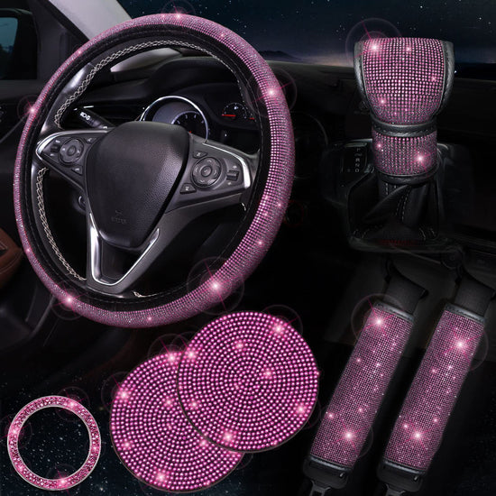Rose red 7-Piece Car Interior Decoration Set – Crystal Rhinestone Steering Wheel Cover, Gear Shift Cover, Seat Belt Pads, Cup Coasters & Ignition Switch Cover