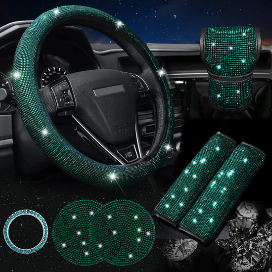 Green 7-Piece Car Interior Decoration Set – Crystal Rhinestone Steering Wheel Cover, Gear Shift Cover, Seat Belt Pads, Cup Coasters & Ignition Switch Cover