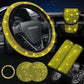 Yellow 7-Piece Car Interior Decoration Set – Crystal Rhinestone Steering Wheel Cover, Gear Shift Cover, Seat Belt Pads, Cup Coasters & Ignition Switch Cover