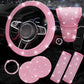 All pink 7-Piece Car Interior Decoration Set – Crystal Rhinestone Steering Wheel Cover, Gear Shift Cover, Seat Belt Pads, Cup Coasters & Ignition Switch Cover