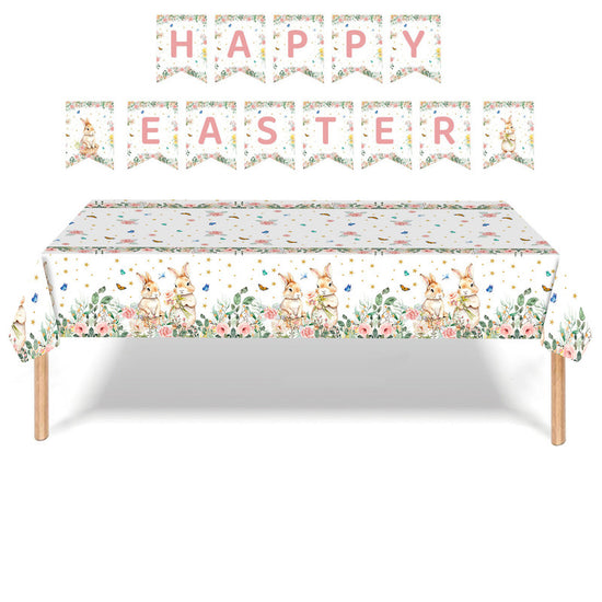 Easter Party Decoration Set – Floral Bunny Tablecloth 137x274cm + Happy Easter Banner, Spring-Themed Decor for Festive Gatherings