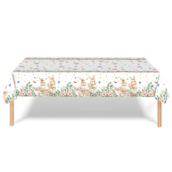 Easter Party Decoration Set – Floral Bunny Tablecloth 137x274cm + Happy Easter Banner, Spring-Themed Decor for Festive Gatherings