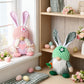 Green Easter Plush Bunny Gnome Figurine – Decorative Doll with Long Hair and Checkered Ears for Home Display