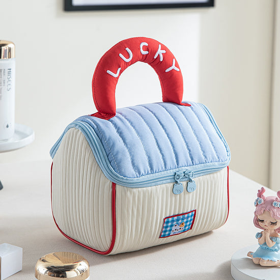 Red and blue Large Capacity Cosmetic Bag – Quilted Design with Dual-Zipper and Soft Handle for Travel & Daily Use
