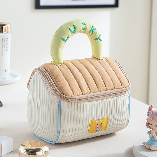 Coffee color and yellow Large Capacity Cosmetic Bag – Quilted Design with Dual-Zipper and Soft Handle for Travel & Daily Use