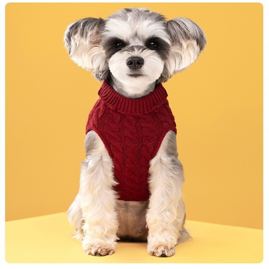 Red Fall & Winter Pet Knit Sweater – Solid Color Cable Knit Turtleneck for Small Dogs, Soft Breathable Warm Clothing with 3D Fit Design, Ideal for Teddy, Poodle, and Bichon(Size: M)