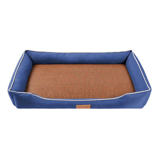 Blue Rectangular Pet Bed with Removable Cooling Mat – Durable 600D Oxford Fabric Dog & Cat Bed, High-Rebound PP Cotton Filling, Non-Slip Base, for Medium to Large Breeds, Includes Free Cooling Pad(Size:M)