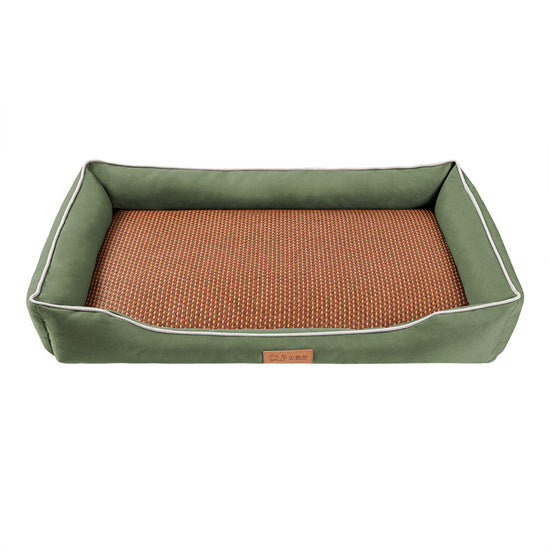 Green Rectangular Pet Bed with Removable Cooling Mat – Durable 600D Oxford Fabric Dog & Cat Bed, High-Rebound PP Cotton Filling, Non-Slip Base, for Medium to Large Breeds, Includes Free Cooling Pad(Size:L)