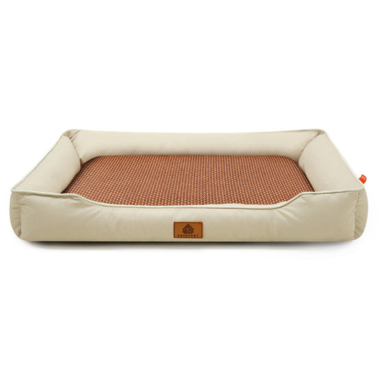 Khaki Rectangular Pet Bed with Removable Cooling Mat – Durable 600D Oxford Fabric Dog & Cat Bed, High-Rebound PP Cotton Filling, Non-Slip Base, for Medium to Large Breeds, Includes Free Cooling Pad(Size:L)