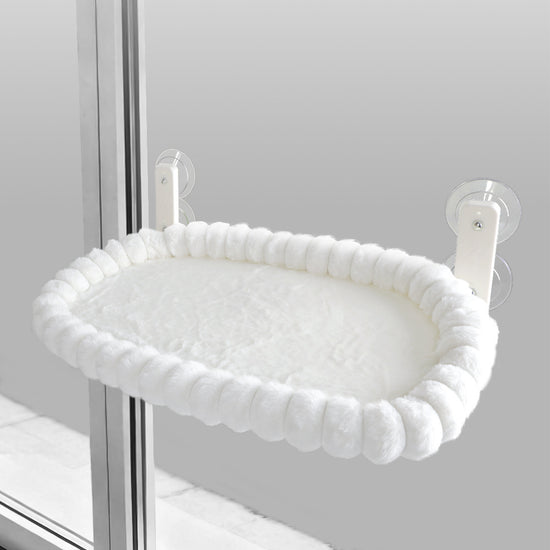 White Plush Cat Window Hammock with Strong Suction Cups, Faux Rabbit Fur Pet Bed for Cats and Small Dogs, Space-Saving Foldable Hanging Cat Perch for Sunbathing and Relaxation